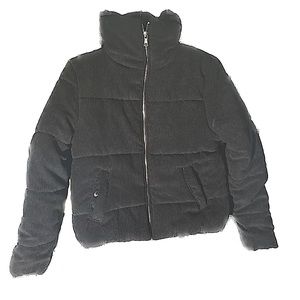 Black Corduroy Zipup Puffer Jacket